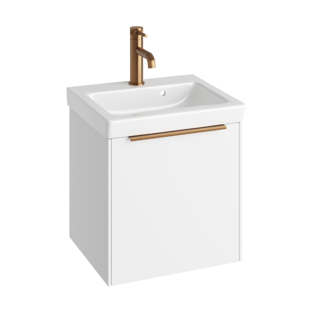 Product Cut out image of the Abacus Concept Simple S3 White 450mm Basin & Vanity Unit with a Brushed Bronze Furniture Handle